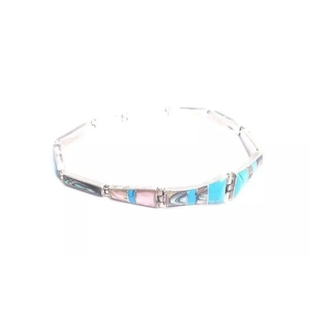 STERLING SILVER TURQUOISE ABALONE INLAY LINK BRACELET‎ NATIVE AMERICAN STYLE
